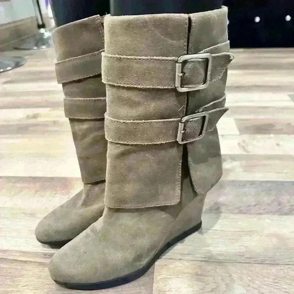 Juicy Couture Shoes - Sz. 9M Juicy Couture Dale Double buckle tan suede wedge moto booties